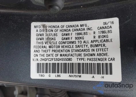 2016 Honda Civic Lx z USA, uszkodzony, nr VIN 2HGFC2F53GH555080